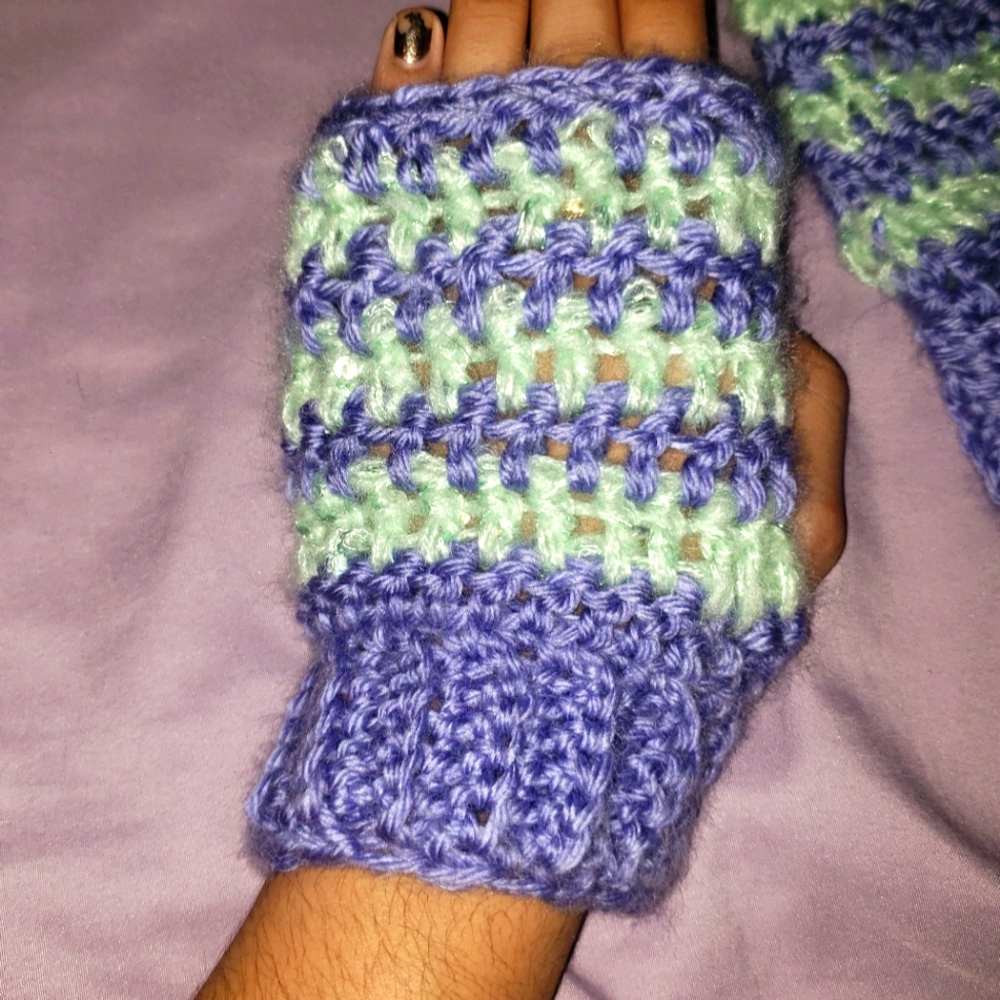 Handmade Crochet Striped Fingerless Gloves in Purple and Green with Sequins